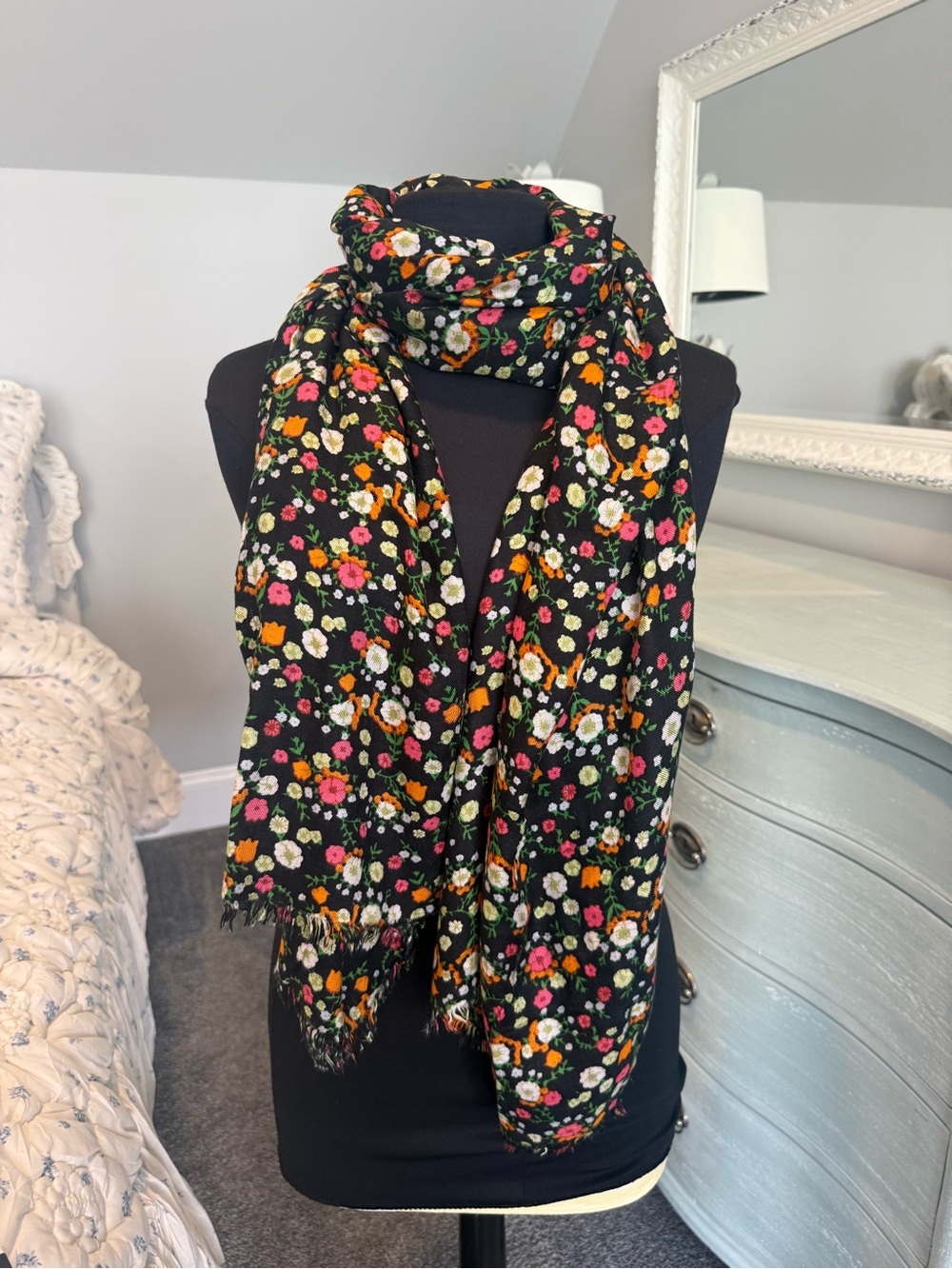 Tory Burch Black Floral Print Scarf with Pink, Orange & White Blossoms